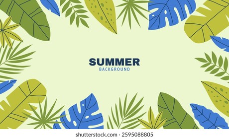 Summer tropical background with space for text. Banner with a frame of various tropical leaves. Hand drawn vector illustration.