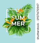 Summer tropical background with Strelitzia flowers and tropical leaves. The inscription Summer on a background of tropical green leaves. Vector illustration EPS10