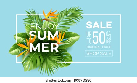 Summer tropical background with Strelitzia flowers and tropical leaves. The inscription Summer Sale on a background of tropical green leaves. Summer Sale concept. Vector illustration EPS10