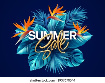 Summer tropical background with Strelitzia flowers and tropical leaves. The inscription golden Summer Sale on a background of tropical green leaves. Summer Sale concept. Vector illustration EPS10