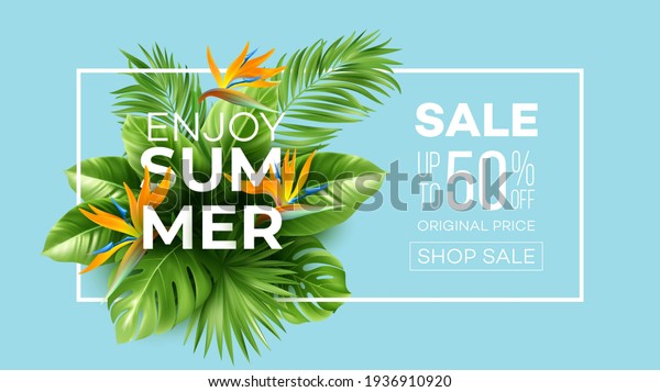 Summer tropical background with Strelitzia flowers\
and tropical leaves. The inscription Summer Sale on a background of\
tropical green leaves. Summer Sale concept. Vector illustration\
EPS10