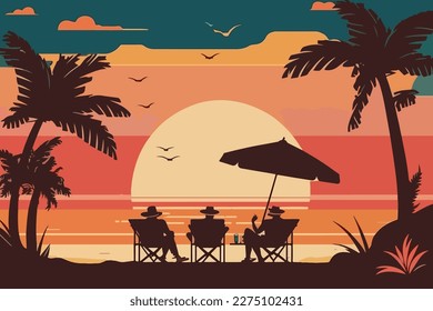 Fondo tropical de verano. Colores de la puesta de sol o de la salida del sol. Hermoso cielo naranja y paisaje natural con tres personas en las tumbonas de la silueta. Ilustración vectorial de estilo plano.