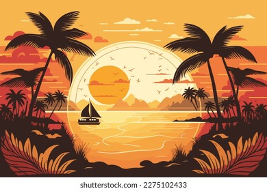 Summer tropical background. Sunset or sunrise colors. Beautiful orange sky and nature landscape with a sailing ship at sea. Flat style vector illustration.