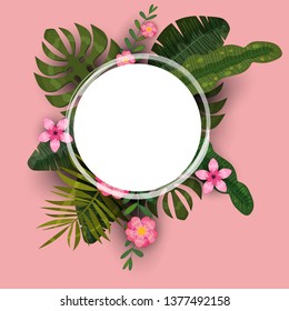 Summer tropical background template of exotic plants and hibiscus flowers. Trend pattern jungle. Vector illustration.