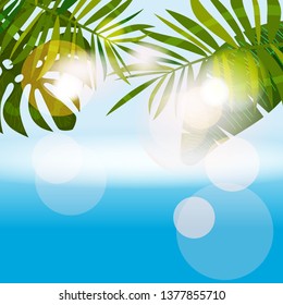 Summer tropical background template with exotic palm leaves and plants, sea, ocean. Trend style design. Vector isolated, poster, flyer, invitation, banner