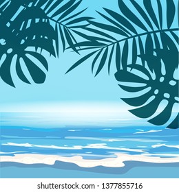 Summer tropical background template with exotic palm leaves and plants, shore waves surf sea, ocean. Trend style design. Vector isolated, poster, flyer, invitation, banner