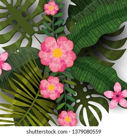Summer tropical background template of exotic plants and hibiscus flowers. Trend pattern jungle. Vector, illustration, isolated, poster, banner, flyer, invitation