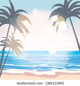 Summer tropical background template with exotic palm leaves and plants, shore waves surf sea, ocean. Trend style design. Vector isolated, poster, flyer, invitation, banner