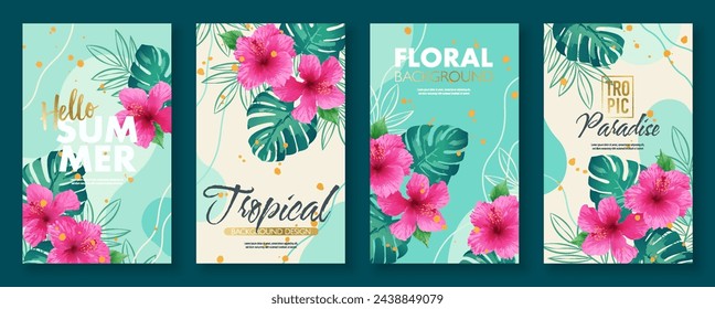 Summer tropical background template set with tropical flowers and leaves. Vector illustration