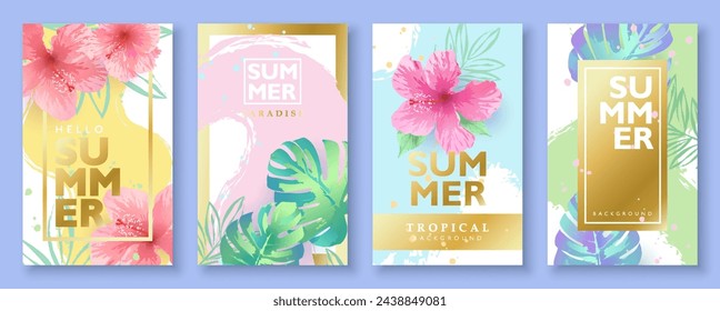 Summer tropical background template set with tropical flowers and leaves. Vector illustration