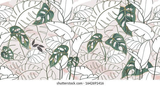 summer tropical background texture, wallpaper design with marble, tropical leaves, line art, golden luxury background vector.