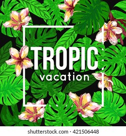 Summer tropical background with tree leaves, exotic flowers, jungle palm. Vector eps 10 format.