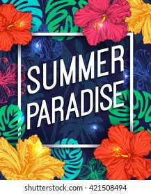 Summer tropical background with tree leaves, exotic flowers, jungle palm. Vector eps 10 format.
