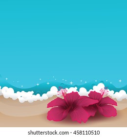 Summer tropical background. Two hibiscuses laying at the sand near azure ocean waves. Copy space. Vector illustration.