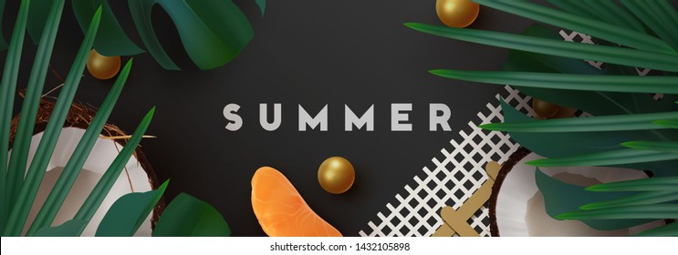 Summer tropical background. various fruit, green leaves, palm branches, realistic coconut open. Rounded border frame for text Flat lay, top view. horizontal banner, poster card, website header. vector