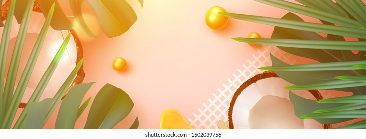 Summer tropical background. various fruit, green leaves, palm branches, realistic coconut open. Rounded border frame for text Flat lay, top view. horizontal banner, poster card, website header, vector