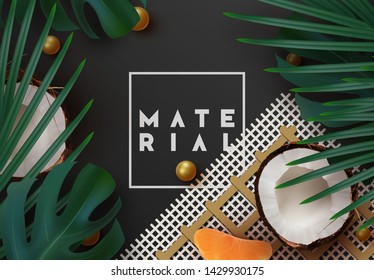 Summer tropical background. various fruits, green leaves, palm branches, realistic coconut open. Border frame for text. Flat lay, top view. Summer composition beach design. Sale poster template