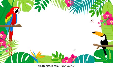 Summer Tropical Background Vector illustration. Toco toucan and Scarlet Macaw on tropical leaves frame.