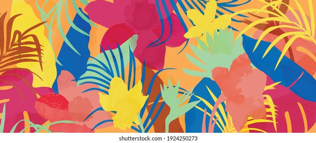 Summer tropical background vector. Palm leaves, monstera leaf, Botanical pattern trendy design for wall framed prints, canvas prints, poster, home decor, cover, flower wall arts, wallpaper.