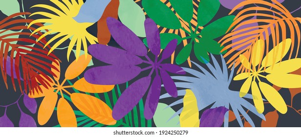 Summer tropical background vector. Palm leaves, monstera leaf, Botanical pattern trendy design for wall framed prints, canvas prints, poster, home decor, cover, flower wall arts, wallpaper.