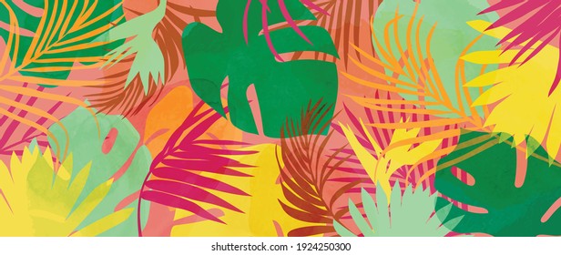 Summer tropical background vector. Palm leaves, monstera leaf, Botanical pattern trendy design for wall framed prints, canvas prints, poster, home decor, cover, flower wall arts, wallpaper.