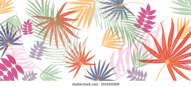 Vector de fondo tropical de verano. Hojas de palma, hojas de monstera, Diseño de moda en patrón botánico para impresiones enmarcadas en la pared, estampados de tela, afiche, decoración casera, cubierta, arte en la pared de flores, papel pintado.