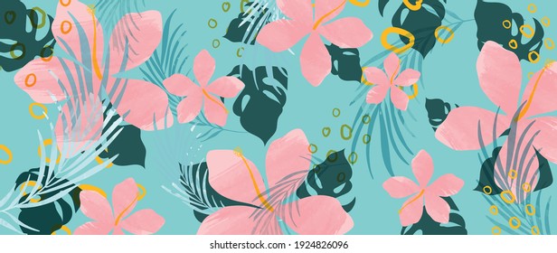 Summer tropical background vector. Palm leaves, monstera leaf, Botanical pattern trendy design for wall framed prints, canvas prints, poster, home decor, cover, flower wall arts, wallpaper.