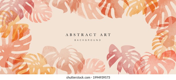 Summer tropical background vector. Palm leaves, monstera leaf, Botanical background design for wall framed prints, wall art, invitation, canvas prints, poster, home decor, cover, wallpaper.	
