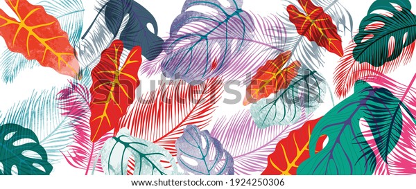 Summer tropical background vector. Palm leaves, monstera leaf, Botanical pattern trendy design for wall framed prints, canvas prints, poster, home decor, cover, flower wall arts, wallpaper.