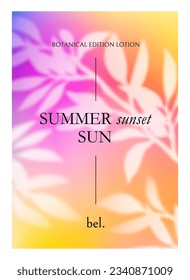 Summer Tropical Background. Vector Poster with Holographic Gradient and Plants. Neon Colored Bg with Tree Leaves. 