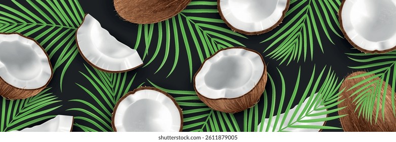 Summer tropical background with whole and half coconuts, green palm leaves. Realistic exotic botanical banner design