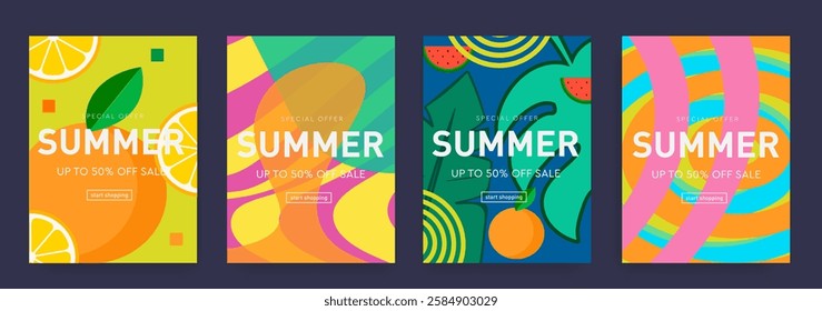 Summer Tropical Background with Yellow, Green, Orange, Pink Colors.  3d Creative Design for Social Media, Celebration, Ads, Branding, Banner, Cover, Label, Poster. Discount Offer 50%. 