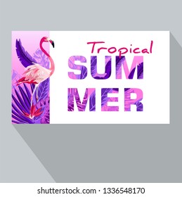 Summer tropical backgrounds with tropical palm leaves, plants and with Pink flamingo.  Negative space trend.  Summer placard, poster, flyer, banner invitation card.