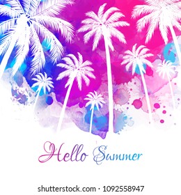 Summer tropical backgrounds with palms on watercolor.