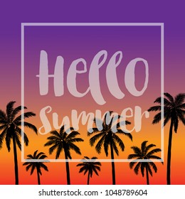 Summer tropical backgrounds  with palms, sky and sunset. Summer placard poster flyer invitation card. Hello Summer