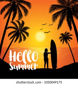 Summer tropical backgrounds with palms, sky and sunset. Summer placard poster flyer invitation card,Surfboad, Hello Summer