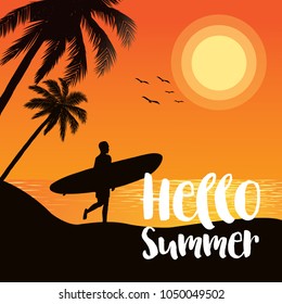 Summer tropical backgrounds with palms, sky and sunset. Summer placard poster flyer invitation card,Surfboad, Hello Summer