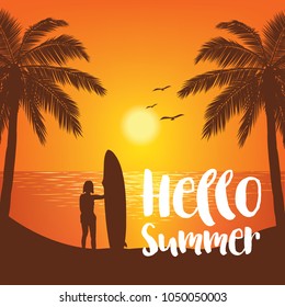 Summer tropical backgrounds with palms, sky and sunset. Summer placard poster flyer invitation card,Surfboad, Hello Summer