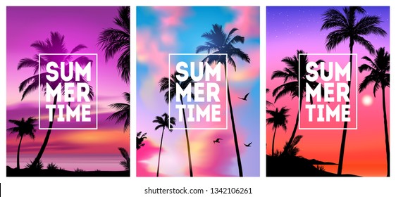 Summer tropical backgrounds set N3 with palms, sky and sunset. Summer placard poster flyer invitation card. Summertime