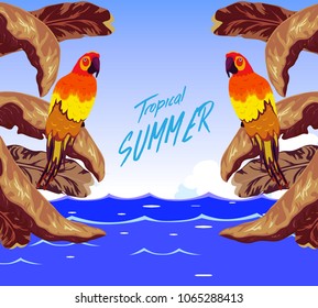 Summer tropical backgrounds set with palms, sky and sunset. Summer placard poster flyer invitation card. Summertime