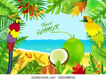 Summer tropical backgrounds set with palms, sky and sunset. Summer placard poster flyer invitation card. Summertime