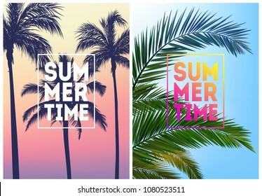 Summer tropical backgrounds set with palms, sky and sunset. Summer placard poster flyer invitation card. Summertime