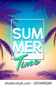 Summer tropical backgrounds set with palms, sky and sunset. Summer placard poster flyer invitation card. Summertime.