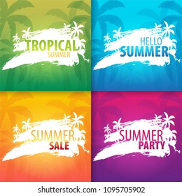 Summer tropical backgrounds set with palms and sunset. Summer placard poster flyer invitation card. Summer time. Vector Illustration