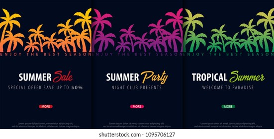 Summer Tropical backgrounds set with palms. Summer placard poster flyer invitation card. Summer time. Vector Illustration