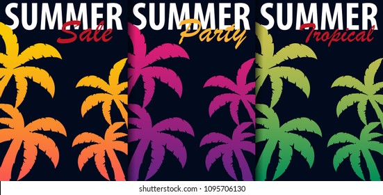 Summer Tropical backgrounds set with palms. Summer placard poster flyer invitation card. Summer time. Vector Illustration