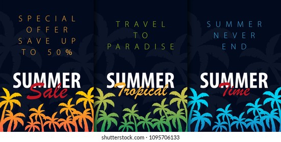 Summer Tropical backgrounds set with palms. Summer placard poster flyer invitation card. Summer time. Vector Illustration
