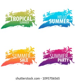 Summer tropical backgrounds set with palms and sunset. Summer placard poster flyer invitation card. Summer time. Vector Illustration