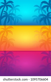 Summer tropical backgrounds set with palms and sunset. Summer placard poster flyer invitation card. Vector Illustration
