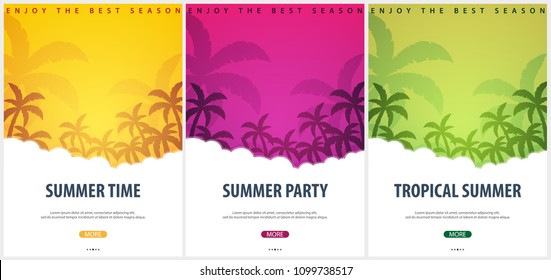 Summer Tropical backgrounds set with palms. Summer placard poster flyer invitation card. Summer time. Vector Illustration